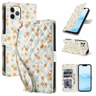 For iPhone 11 Pro Max Flower Pattern Buckle Leather Phone Case with Lanyard(Orange Flowers)