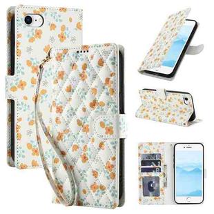 For iPhone SE 2022 / SE 2020 / 8 / 7 Flower Pattern Buckle Leather Phone Case with Lanyard(Orange Flowers)