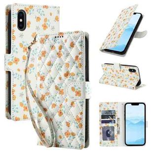 For iPhone X / XS Flower Pattern Buckle Leather Phone Case with Lanyard(Orange Flowers)
