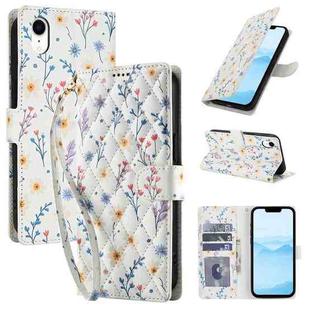 For iPhone XR Flower Pattern Buckle Leather Phone Case with Lanyard(Blue Flowers)