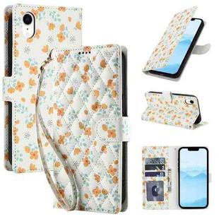 For iPhone XR Flower Pattern Buckle Leather Phone Case with Lanyard(Orange Flowers)
