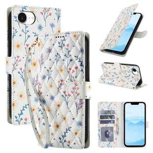 For iPhone 16e Flower Pattern Buckle Leather Phone Case with Lanyard(Blue Flowers)