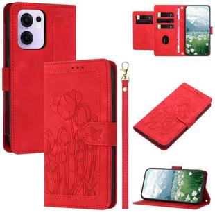 For OPPO Reno13 F 5G / 4G Tulips Embossed Leather Phone Case with Lanyard(Red)
