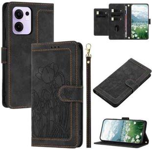 For OPPO Reno13 F 5G / 4G Tulips Embossed Leather Phone Case with Lanyard(Black)