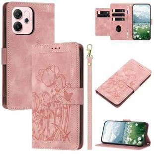For OPPO Reno14 F 5G Tulips Embossed Leather Phone Case with Lanyard(Pink)