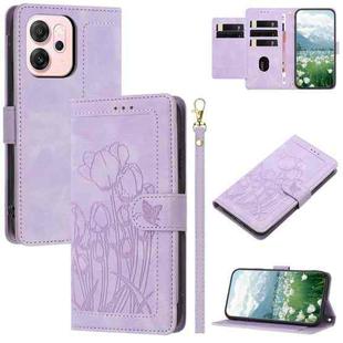 For OPPO Reno14 F 5G Tulips Embossed Leather Phone Case with Lanyard(Purple)