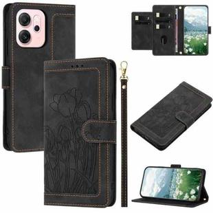 For OPPO Reno14 F 5G Tulips Embossed Leather Phone Case with Lanyard(Black)
