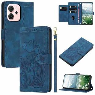 For OPPO Reno14 5G Global Tulips Embossed Leather Phone Case with Lanyard(Blue)