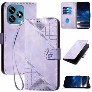 For Oukitel C51 Grid Butterfly Embossed Pattern Leather Phone Case with Lanyard(Light Purple)