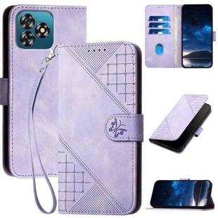 For Oukitel C53 Grid Butterfly Embossed Pattern Leather Phone Case with Lanyard(Light Purple)