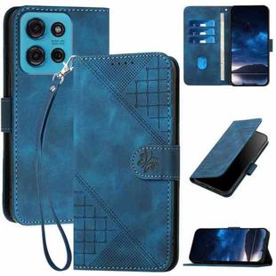 For Motorola Moto G75 5G Grid Butterfly Embossed Pattern Leather Phone Case with Lanyard(Dark Blue)