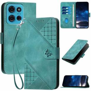 For Motorola Moto G75 5G Grid Butterfly Embossed Pattern Leather Phone Case with Lanyard(Light Blue)