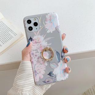 For iPhone 12 mini Laser Flowers Pattern TPU Protective Case with Ring Holder(Grey Background Watercolor Pink Flowers)