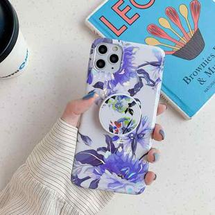 For iPhone 11 Laser Flowers Pattern TPU Protective Case with Foldable Holder(White Background Blue Flowers)
