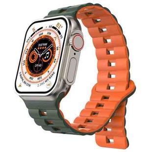 For Apple Watch 46mm / 49mm / 45mm / 44mm Magnetic Two-color Loop Silicone Watch Band(Olive Green Orange)