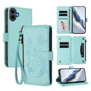 For Nothing CMF Phone 1 Butterfly Love Flower Multi-card Zipper Wallet Leather Phone Case(Mint Green)