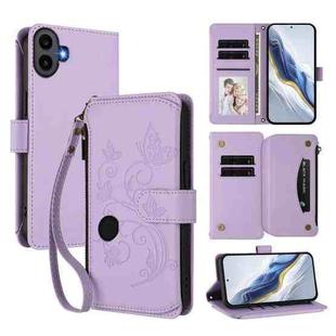For Nothing CMF Phone 1 Butterfly Love Flower Multi-card Zipper Wallet Leather Phone Case(Light Purple)