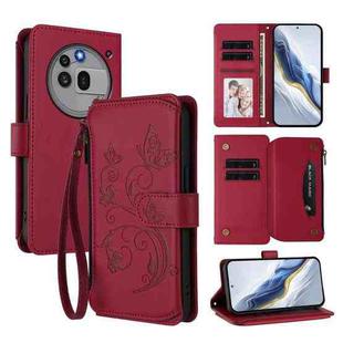 For Nothing Phone 3a Pro Butterfly Love Flower Multi-card Zipper Wallet Leather Phone Case(Wine Red)