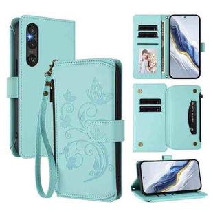 For Sony Xperia 1 V 2023 Butterfly Love Flower Multi-card Zipper Wallet Leather Phone Case(Mint Green)