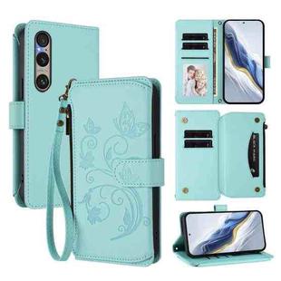 For Sony Xperia 1 VI 2024 Butterfly Love Flower Multi-card Zipper Wallet Leather Phone Case(Mint Green)