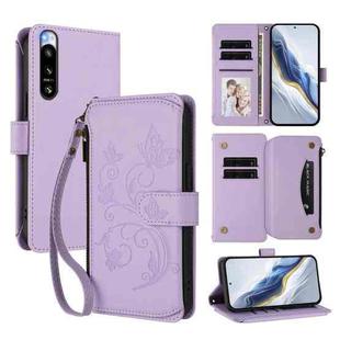 For Sony Xperia 5 IV Butterfly Love Flower Multi-card Zipper Wallet Leather Phone Case(Light Purple)