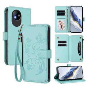 For ZTE Blade A35 Lite / A35 Core Butterfly Love Flower Multi-card Zipper Wallet Leather Phone Case(Mint Green)