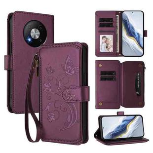For ZTE Blade A73 5G Butterfly Love Flower Multi-card Zipper Wallet Leather Phone Case(Dark Purple)