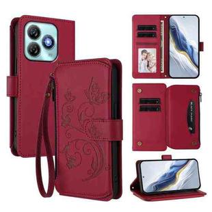 For ZTE Blade A75 4G Butterfly Love Flower Multi-card Zipper Wallet Leather Phone Case(Wine Red)
