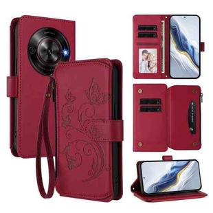 For ZTE Blade A75 5G / Nubia Focus 5G Butterfly Love Flower Multi-card Zipper Wallet Leather Phone Case(Wine Red)