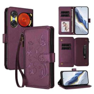 For ZTE Nubia Music 2 Butterfly Love Flower Multi-card Zipper Wallet Leather Phone Case(Dark Purple)