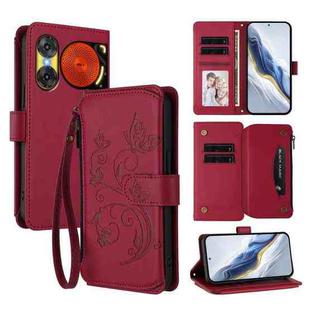 For ZTE Nubia Music 2 Butterfly Love Flower Multi-card Zipper Wallet Leather Phone Case(Wine Red)