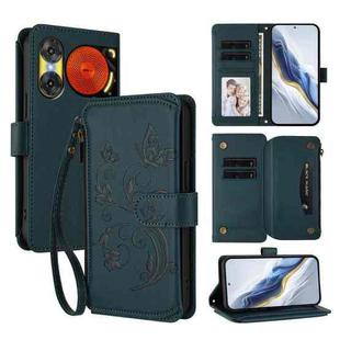 For ZTE Nubia Music 2 Butterfly Love Flower Multi-card Zipper Wallet Leather Phone Case(Dark Green)