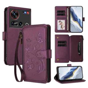 For ZTE Nubia Z70 Ultra Butterfly Love Flower Multi-card Zipper Wallet Leather Phone Case(Dark Purple)