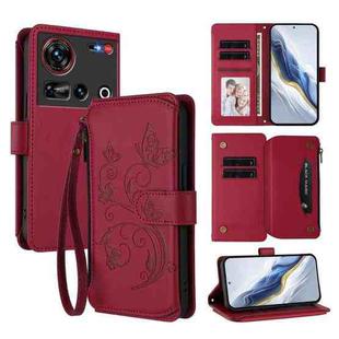 For ZTE Nubia Z70 Ultra Butterfly Love Flower Multi-card Zipper Wallet Leather Phone Case(Wine Red)