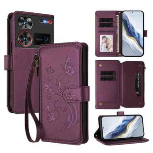 For ZTE Nubia Z60 Ultra Butterfly Love Flower Multi-card Zipper Wallet Leather Phone Case(Dark Purple)