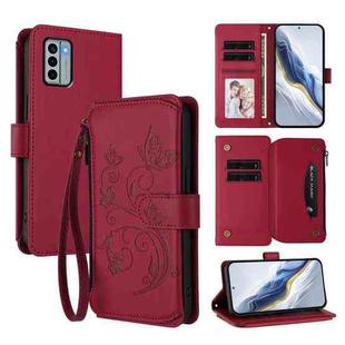 For Nokia G22 Butterfly Love Flower Multi-card Zipper Wallet Leather Phone Case(Wine Red)