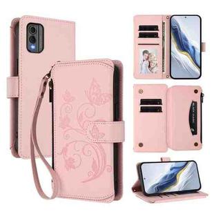 For Nokia C32 Butterfly Love Flower Multi-card Zipper Wallet Leather Phone Case(Pink)