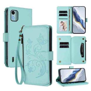 For Nokia C12 Butterfly Love Flower Multi-card Zipper Wallet Leather Phone Case(Mint Green)