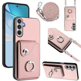 For Samsung Galaxy M35 5G Organ Card Bag Ring Holder Phone Case with Long Lanyard(Pink)