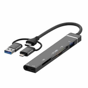 USB / Type-C / 8 Pin to CF / TF / SD Card Reader, 3.5mm HUB Adapter 6 in 1 Docking Station(Grey)