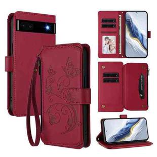 For Google Pixel 6a Butterfly Love Flower Multi-card Zipper Wallet Leather Phone Case(Wine Red)