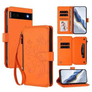 For Google Pixel 6a Butterfly Love Flower Multi-card Zipper Wallet Leather Phone Case(Orange)