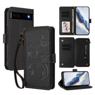 For Google Pixel 6a Butterfly Love Flower Multi-card Zipper Wallet Leather Phone Case(Black)
