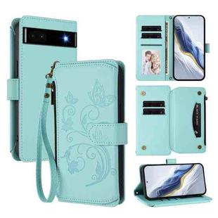 For Google Pixel 6a Butterfly Love Flower Multi-card Zipper Wallet Leather Phone Case(Mint Green)