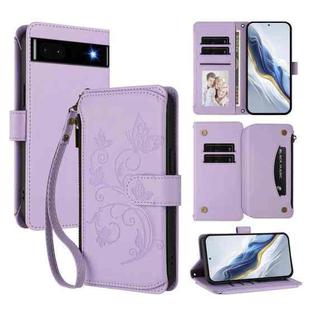 For Google Pixel 6a Butterfly Love Flower Multi-card Zipper Wallet Leather Phone Case(Light Purple)