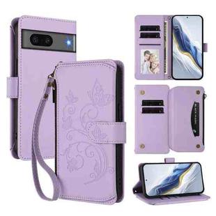 For Google Pixel 7 5G Butterfly Love Flower Multi-card Zipper Wallet Leather Phone Case(Light Purple)