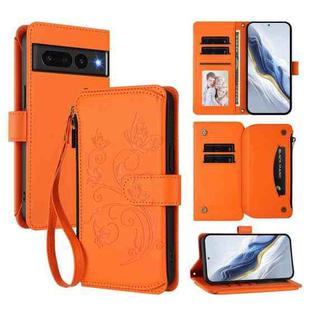 For Google Pixel 7 Pro 5G Butterfly Love Flower Multi-card Zipper Wallet Leather Phone Case(Orange)