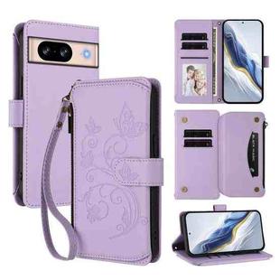 For Google Pixel 8 Butterfly Love Flower Multi-card Zipper Wallet Leather Phone Case(Light Purple)