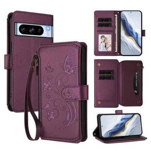 For Google Pixel 8 Pro Butterfly Love Flower Multi-card Zipper Wallet Leather Phone Case(Dark Purple)