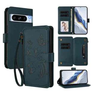 For Google Pixel 8 Pro Butterfly Love Flower Multi-card Zipper Wallet Leather Phone Case(Dark Green)